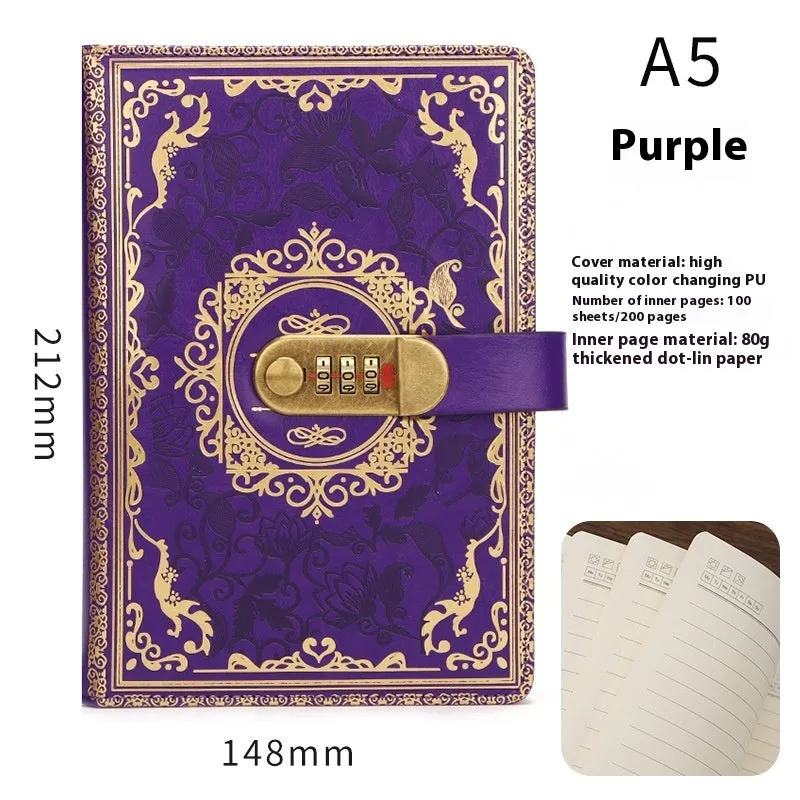Thickened A5 password diary with lock in blue imitation leather cover