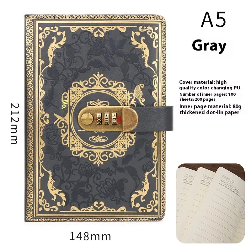 Thickened A5 password diary with lock in blue imitation leather cover