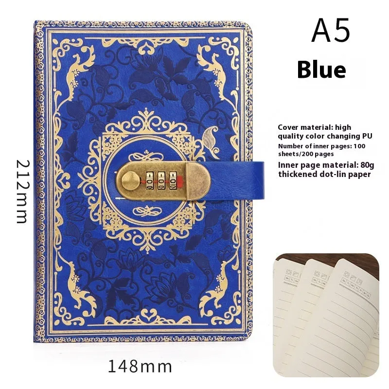 Thickened A5 password diary with lock in blue imitation leather cover