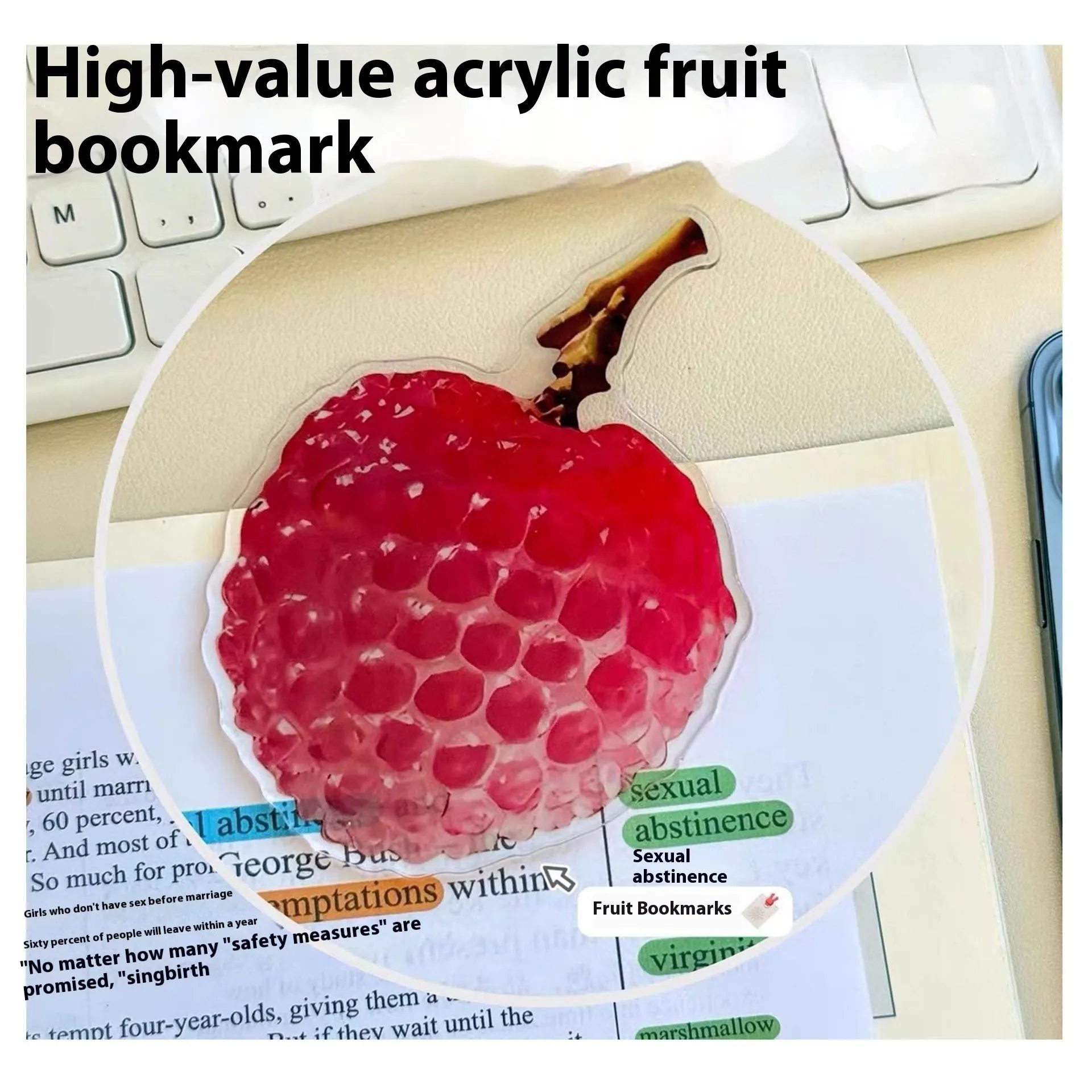 Cute fixed photo cartoon watermelon fruit bookmark made of plastic, approximately 8-10cm in size, transparent style.