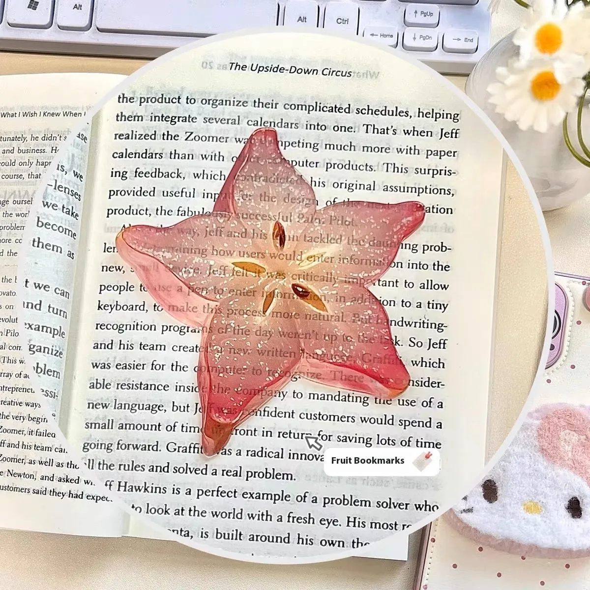 Cute fixed photo cartoon watermelon fruit bookmark made of plastic, approximately 8-10cm in size, transparent style.