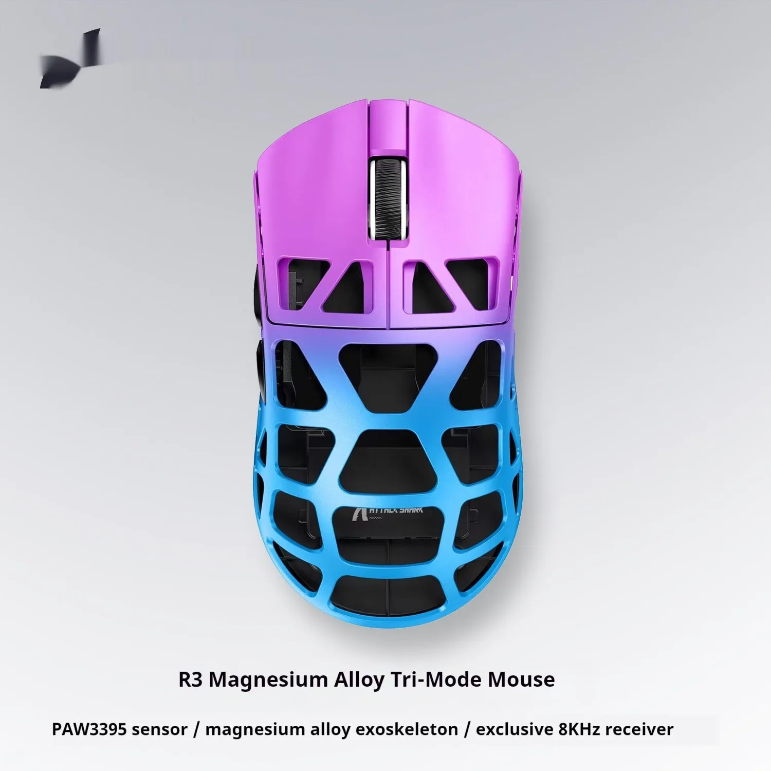 Attack Shark R3 magnesium alloy 8K wireless gaming mouse in white, showing top view with three touch buttons and compact 119.5x61x36mm size