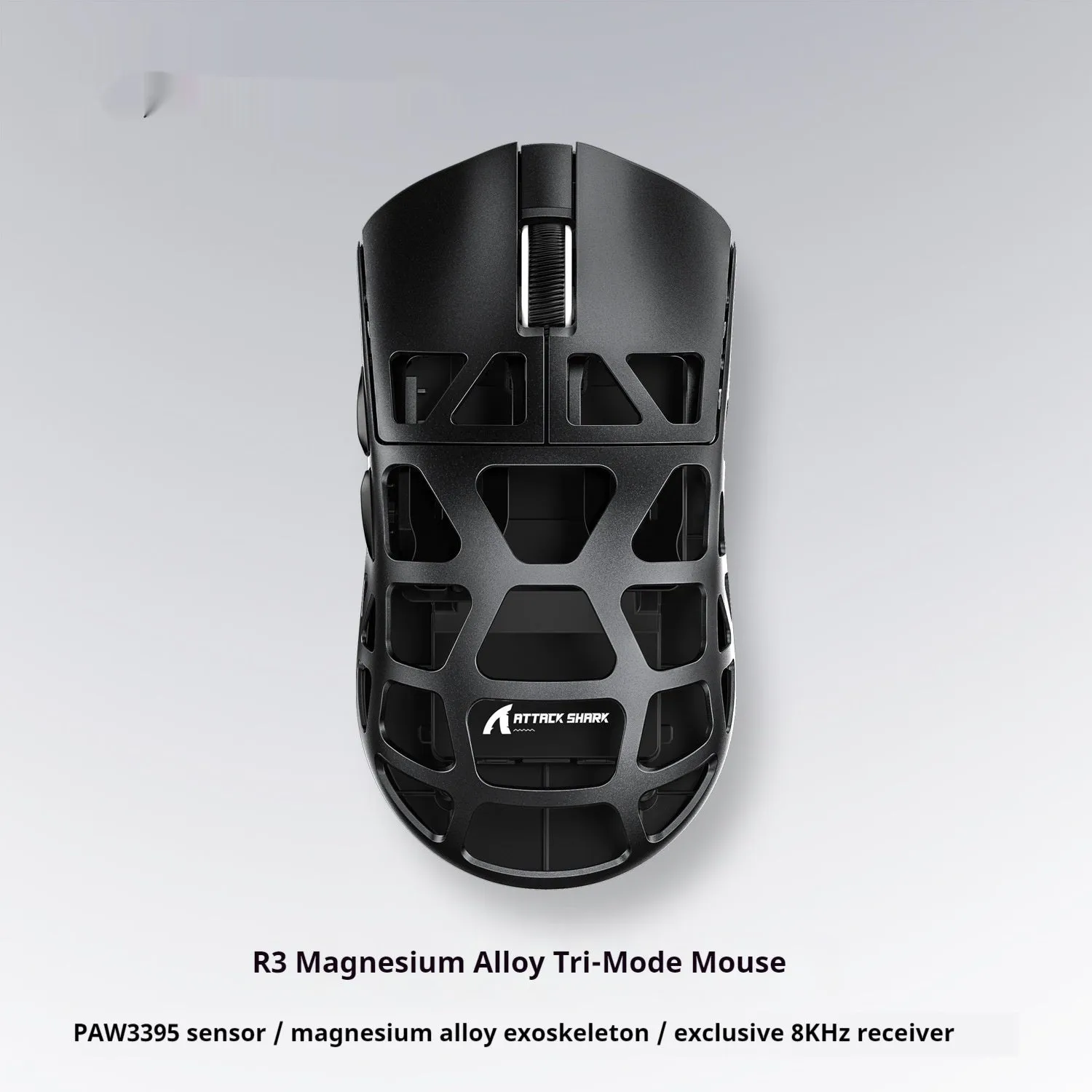 Attack Shark R3 magnesium alloy 8K wireless gaming mouse in white, showing top view with three touch buttons and compact 119.5x61x36mm size
