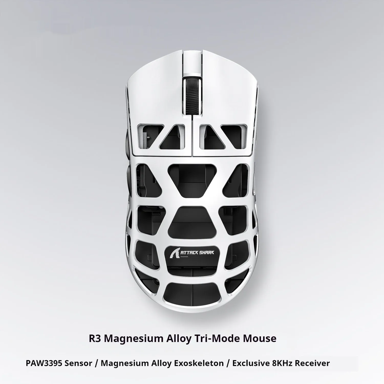 Attack Shark R3 magnesium alloy 8K wireless gaming mouse in white, showing top view with three touch buttons and compact 119.5x61x36mm size