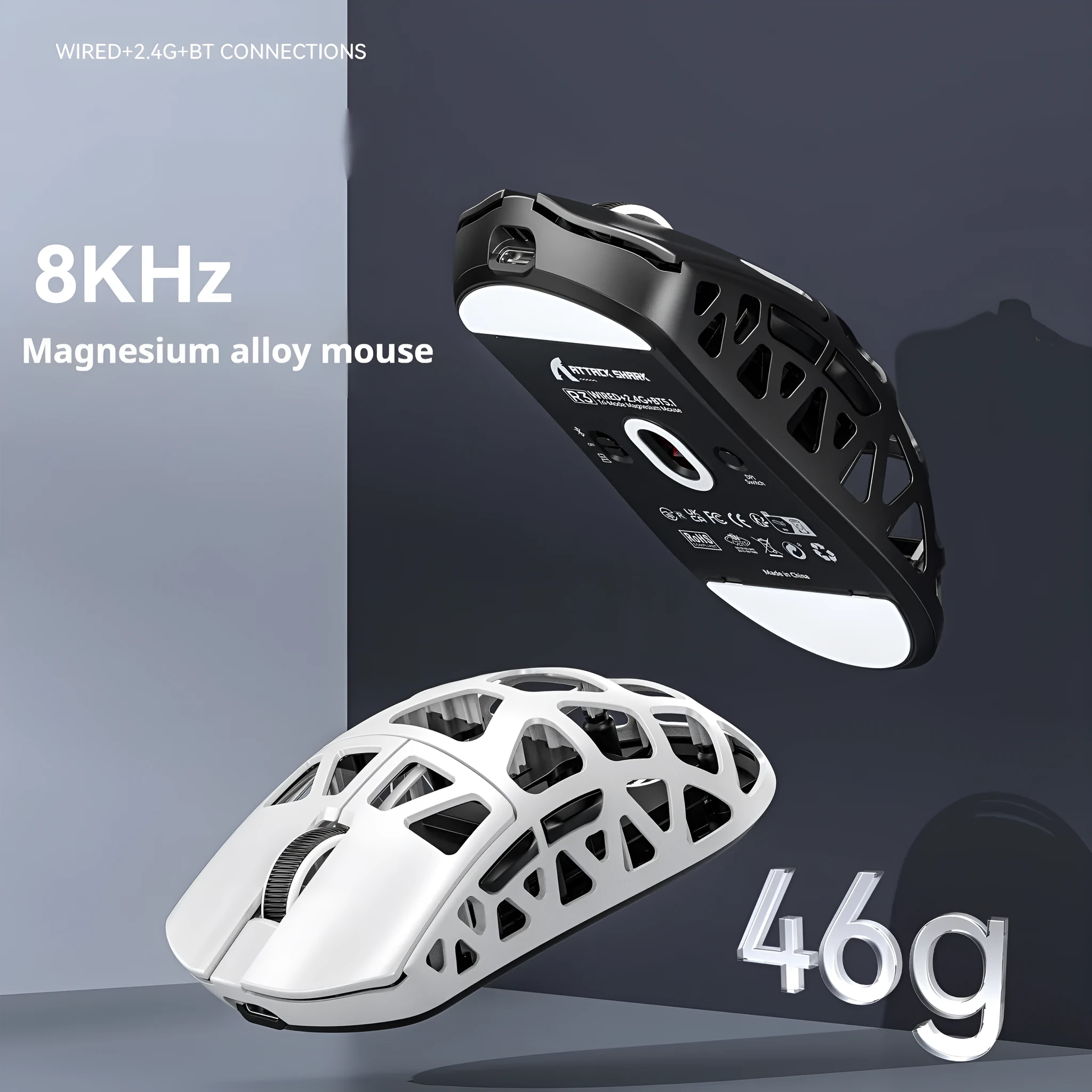 Attack Shark R3 magnesium alloy 8K wireless gaming mouse in white, showing top view with three touch buttons and compact 119.5x61x36mm size