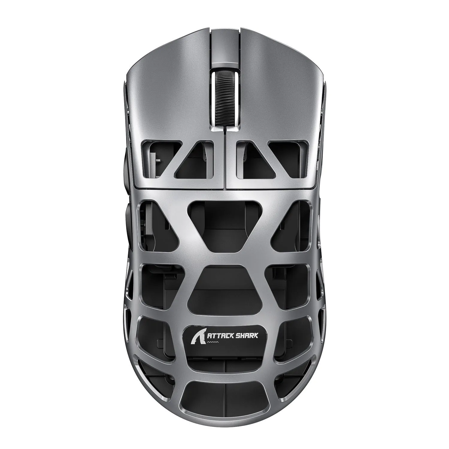 Attack Shark R3 magnesium alloy 8K wireless gaming mouse in white, showing top view with three touch buttons and compact 119.5x61x36mm size