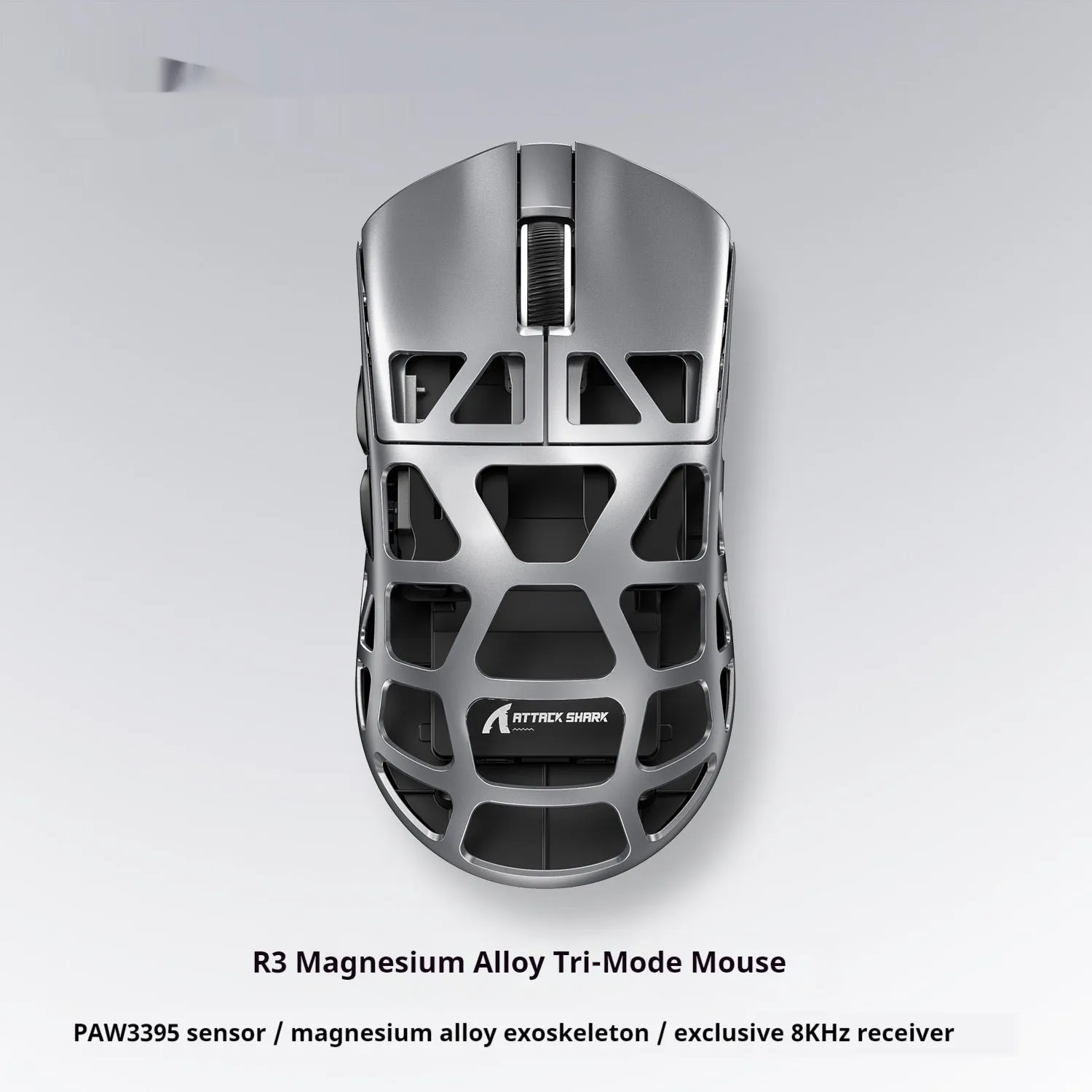 Attack Shark R3 magnesium alloy 8K wireless gaming mouse in white, showing top view with three touch buttons and compact 119.5x61x36mm size
