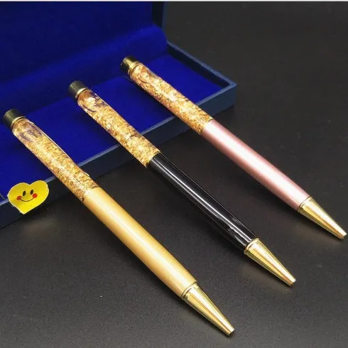 Gold foil metal ballpoint pen with 1mm tip, 13.8cm long, in gold colour