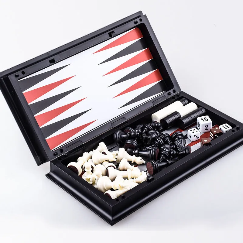Three-in-one magnetic chess checkers backgammon board game with plastic board and ABS pieces on a table