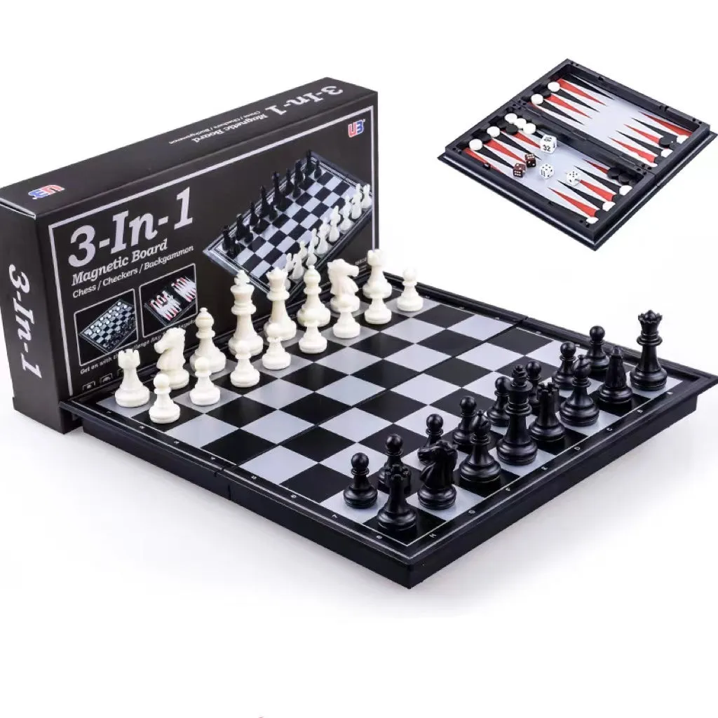 Three-in-one magnetic chess checkers backgammon board game with plastic board and ABS pieces on a table