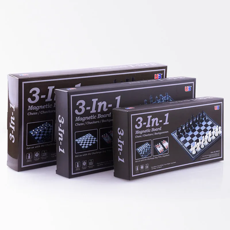 Three-in-one magnetic chess checkers backgammon board game with plastic board and ABS pieces on a table