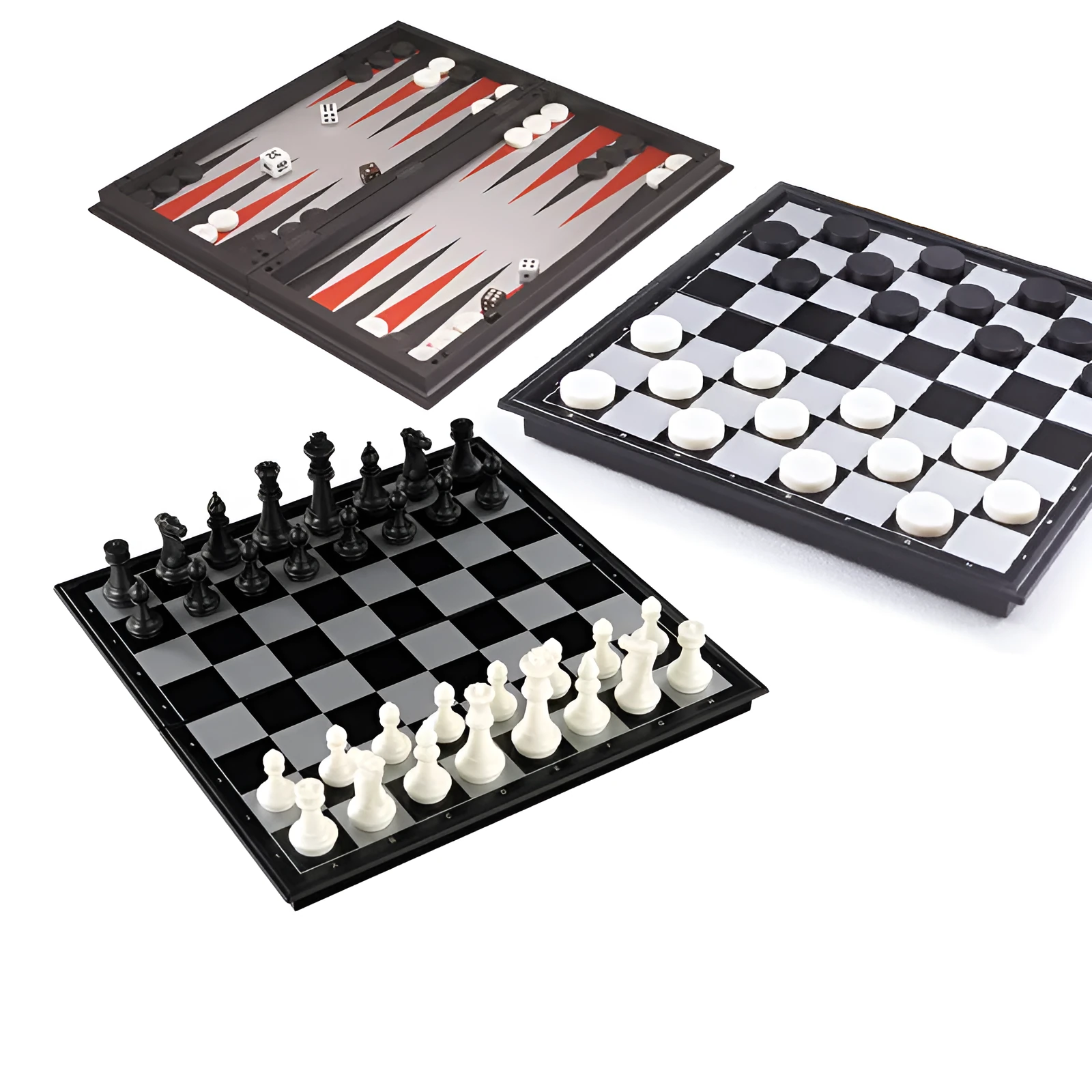 Three-in-one magnetic chess checkers backgammon board game with plastic board and ABS pieces on a table