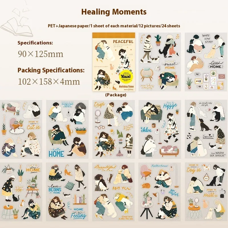 Double material retro sticker book with character landscape scenes quiet reading time planting small pot plant holiday live healing time