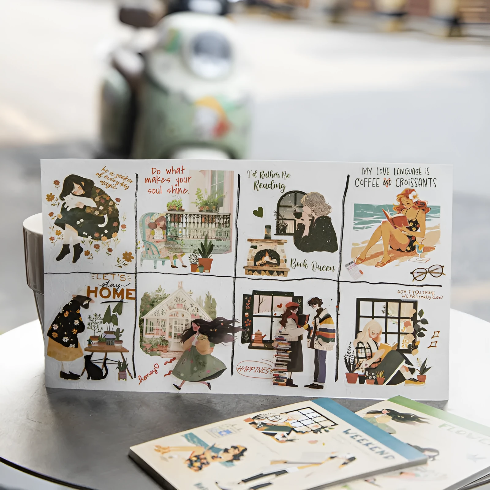 Double material retro sticker book with character landscape scenes quiet reading time planting small pot plant holiday live healing time