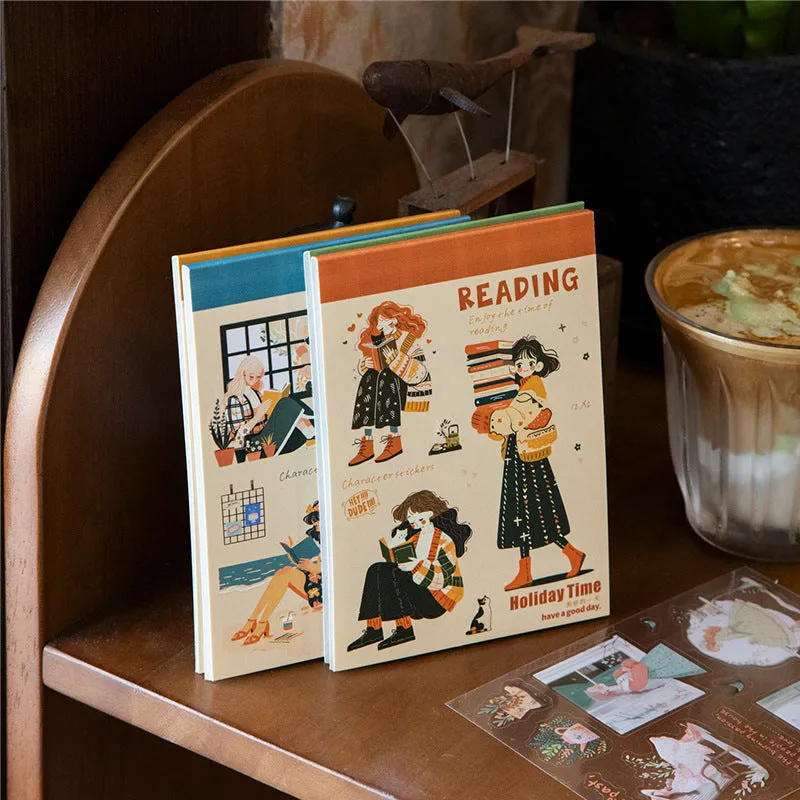 Double material retro sticker book with character landscape scenes quiet reading time planting small pot plant holiday live healing time