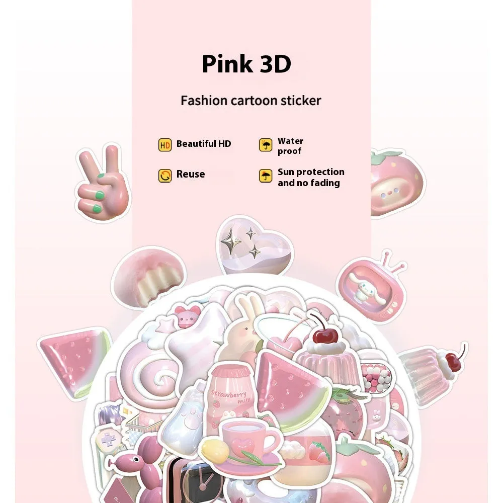 Pack of 63 pink girl heart decorative stickers with a realistic 3D effect and cute style.