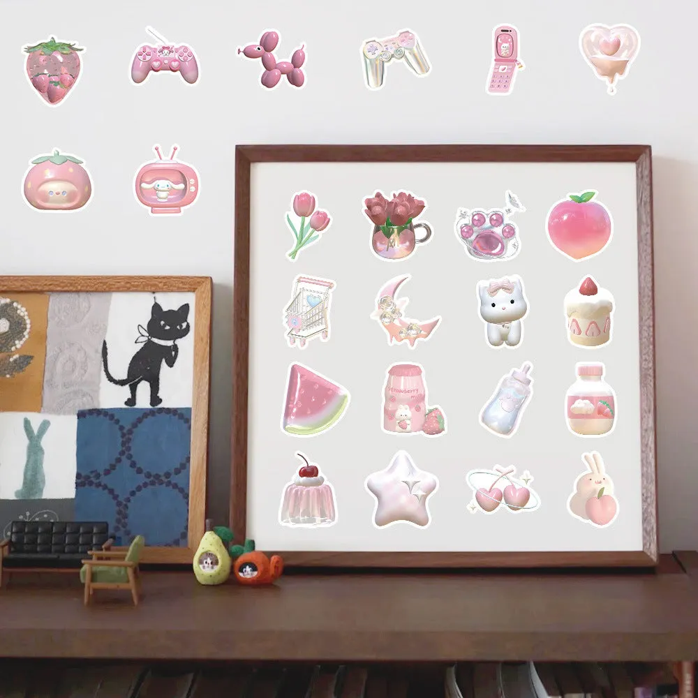 Pack of 63 pink girl heart decorative stickers with a realistic 3D effect and cute style.