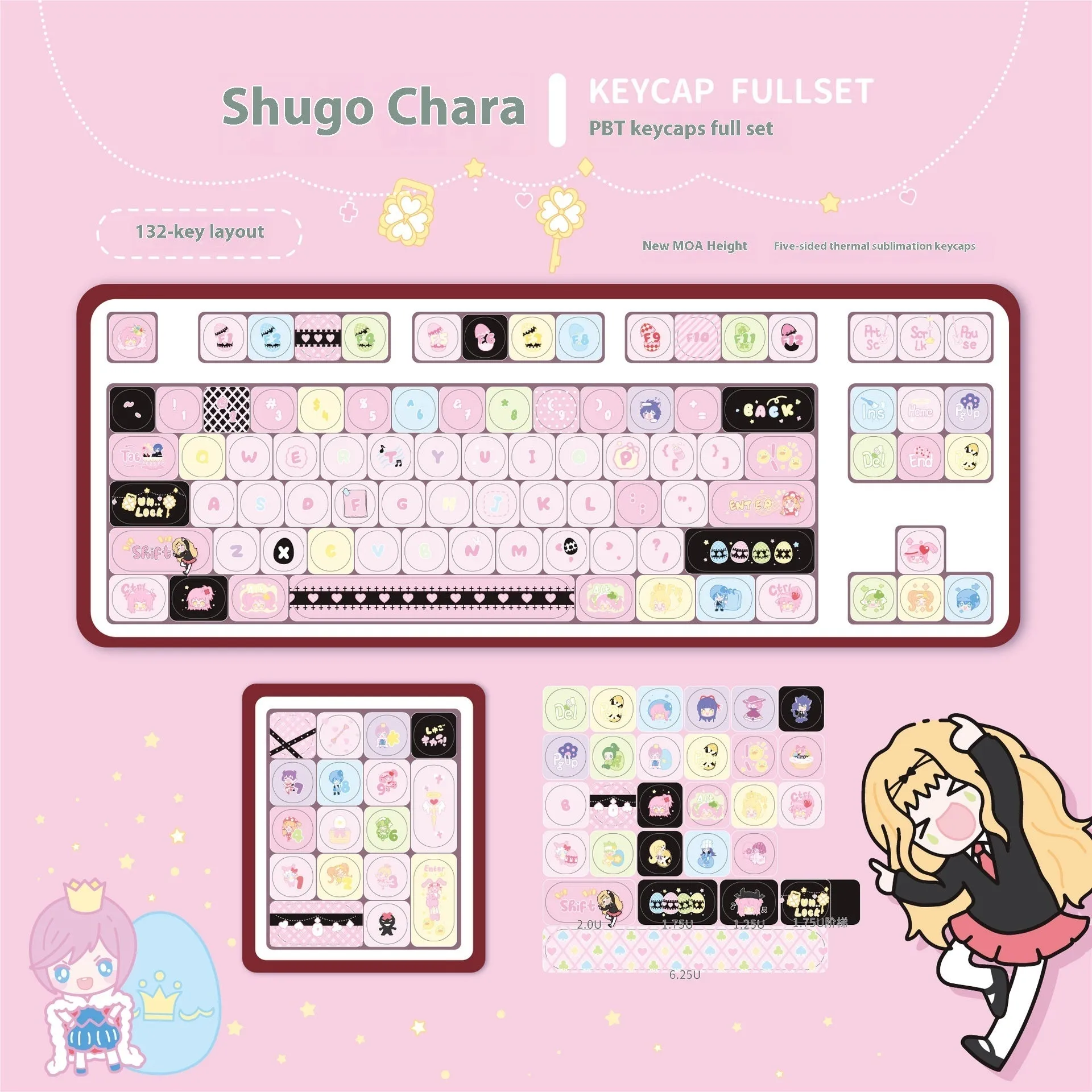 Shugo Chara MOA five-sided sublimation custom PBT key cap for mechanical keyboards in blister packaging