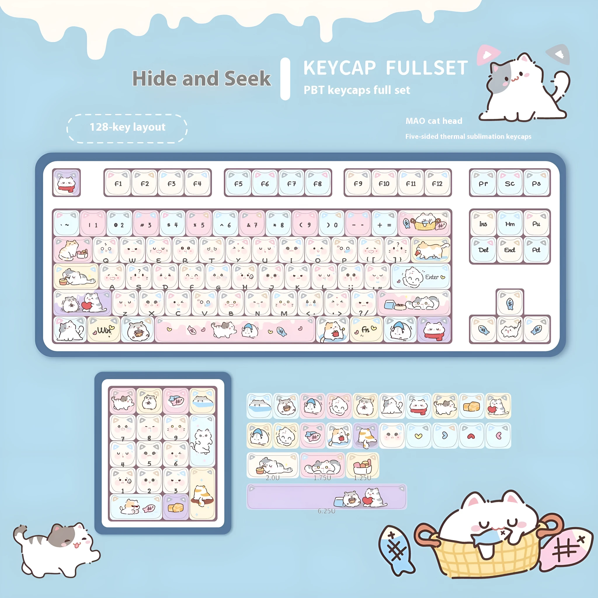 Cat MAO five-sided sublimation PBT custom mechanical keyboard keycaps set in Peekaboo MAO colour