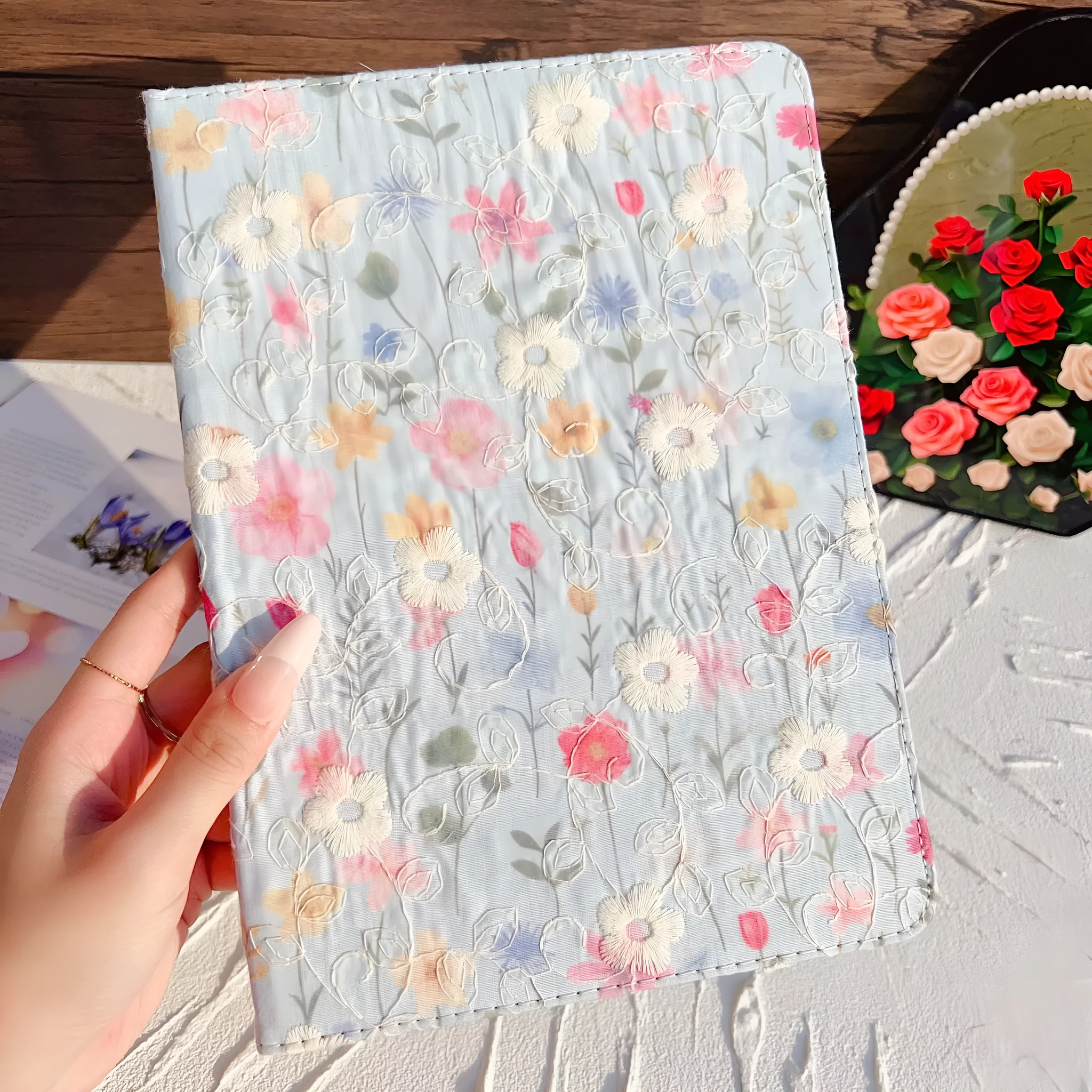 Imitation leather flip tablet case with pen slot and embossed texture, sky blue colour, for iPad Air 6