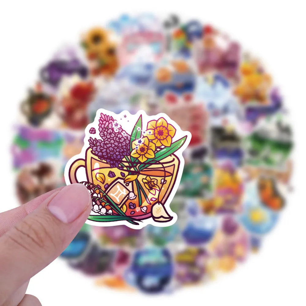 Set of 50 colourful tea cup graffiti waterproof stickers in Nordic style, laid out for display.