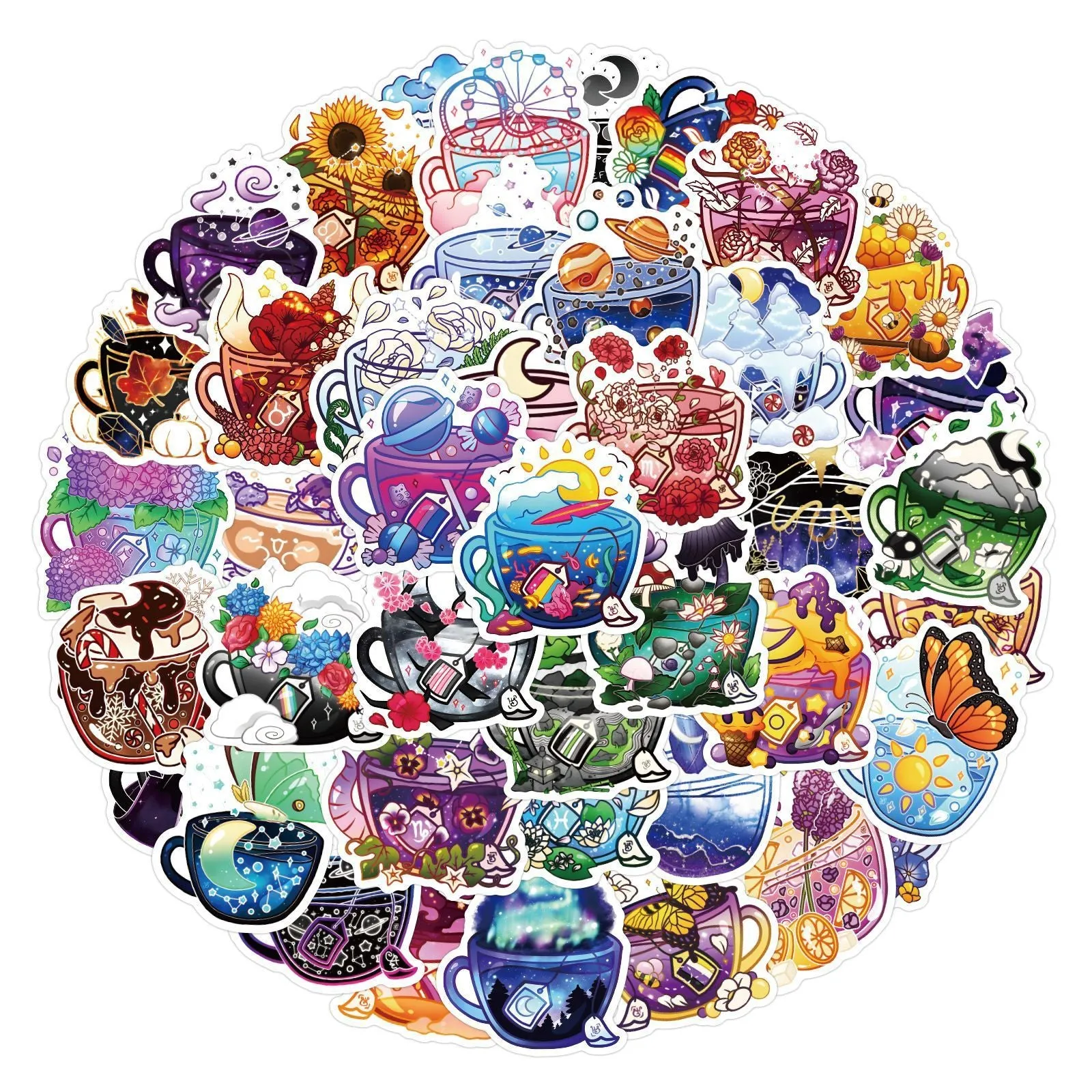 Set of 50 colourful tea cup graffiti waterproof stickers in Nordic style, laid out for display.