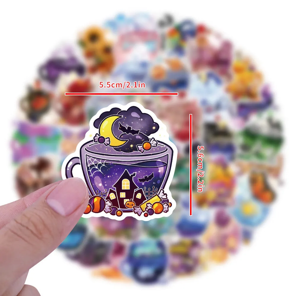 Set of 50 colourful tea cup graffiti waterproof stickers in Nordic style, laid out for display.