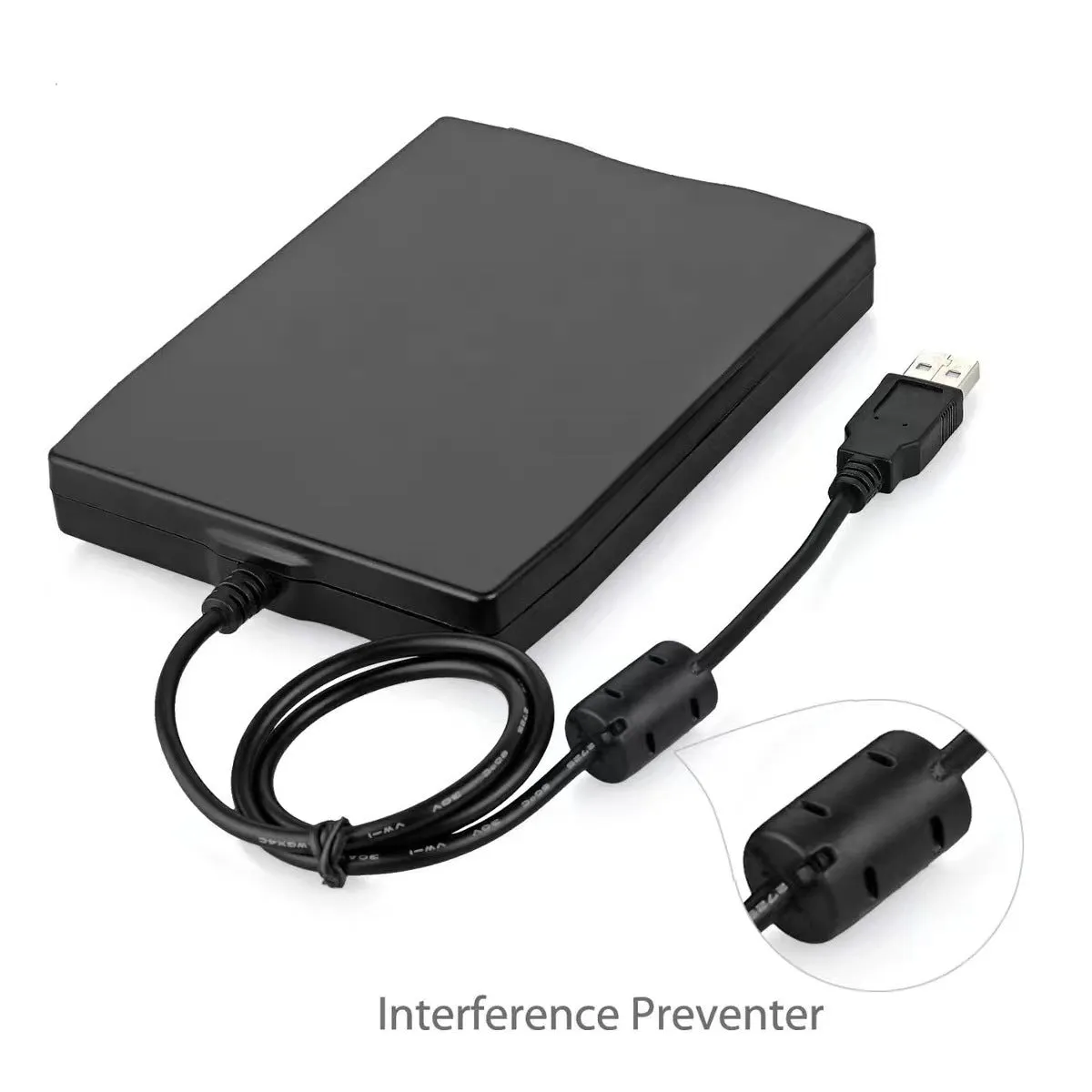 External black USB floppy drive for 35 disquete disks on a light background