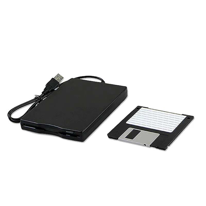 External black USB floppy drive for 35 disquete disks on a light background