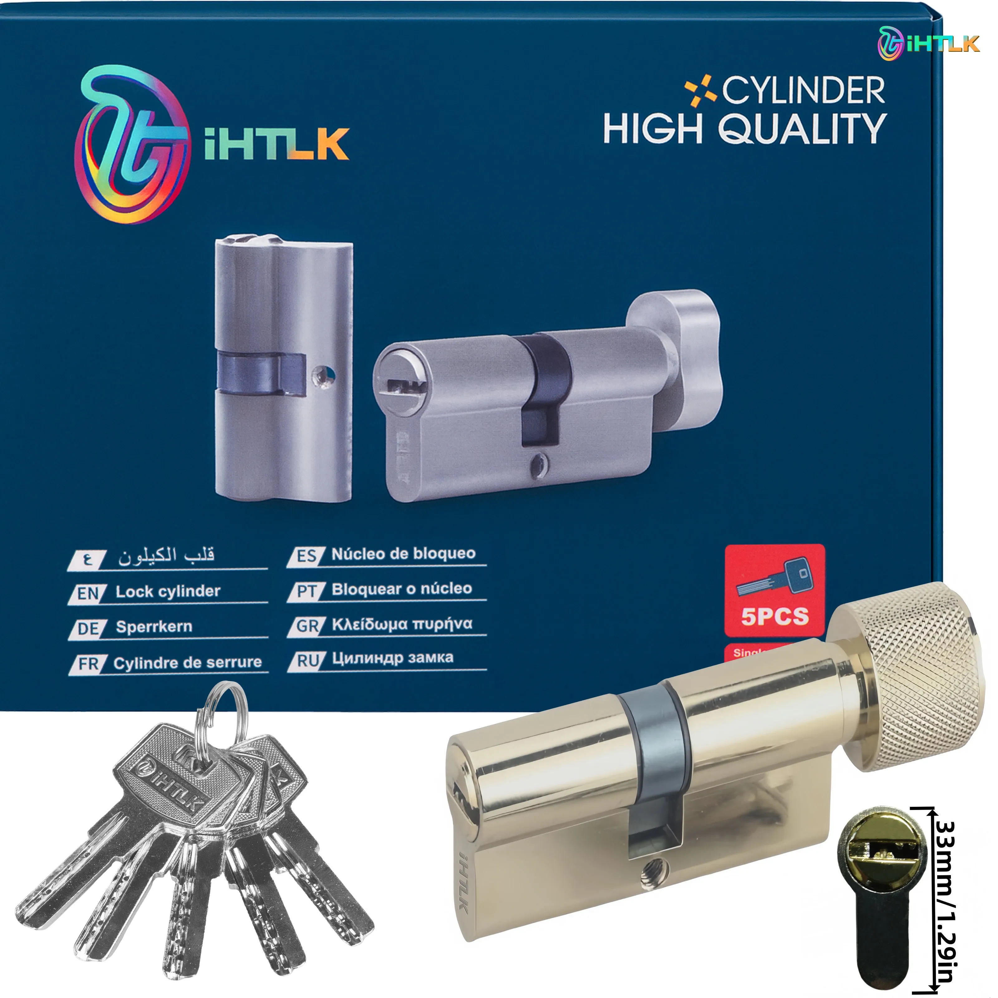70mm European standard knob lock cylinder with five keys in multi-layer electroplated finish