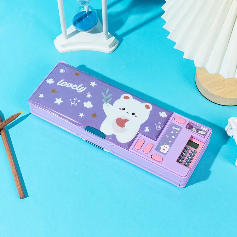 Multifunctional large capacity plastic pencil box with calculator, double-sided opening, colourful stationery storage for school