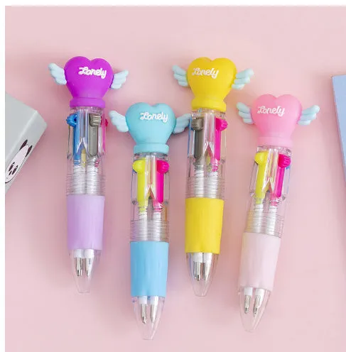 Cartoon press colour ballpoint pen with silicone grip showing four-colour mechanism and 0.7mm bullet tip