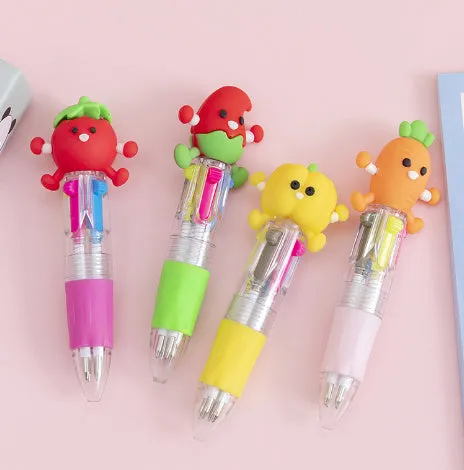 Cartoon press colour ballpoint pen with silicone grip showing four-colour mechanism and 0.7mm bullet tip