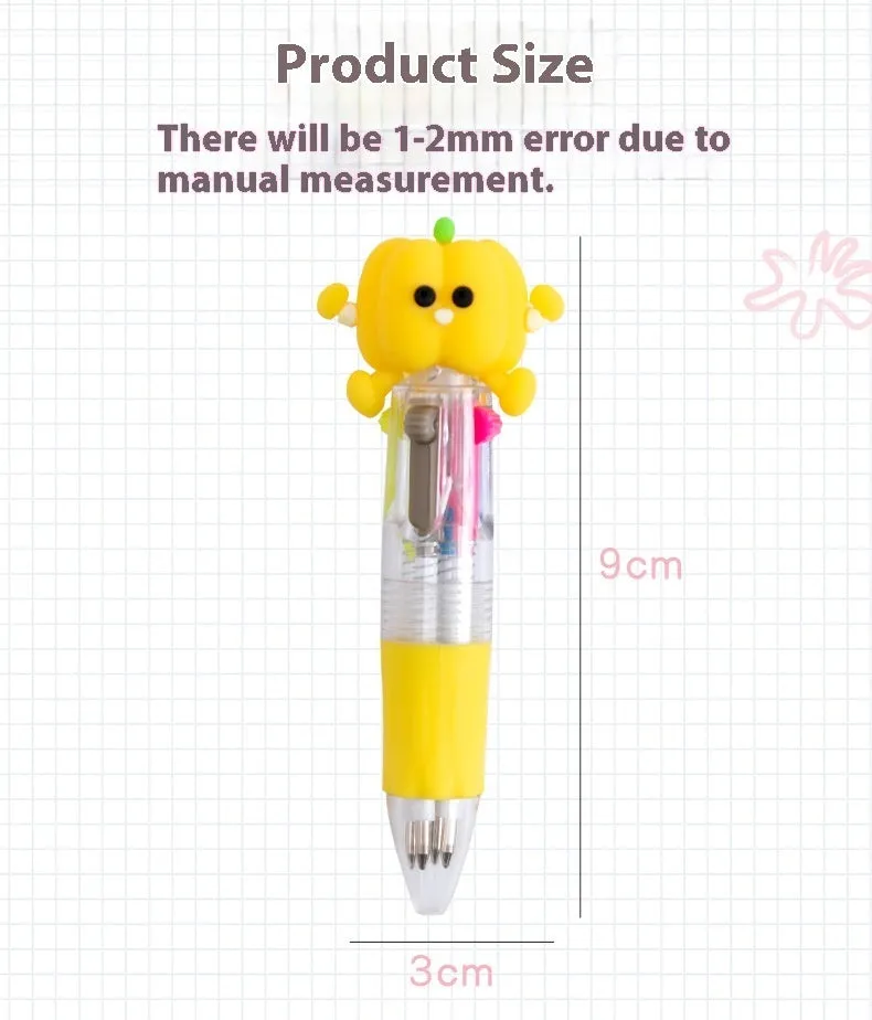 Cartoon press colour ballpoint pen with silicone grip showing four-colour mechanism and 0.7mm bullet tip