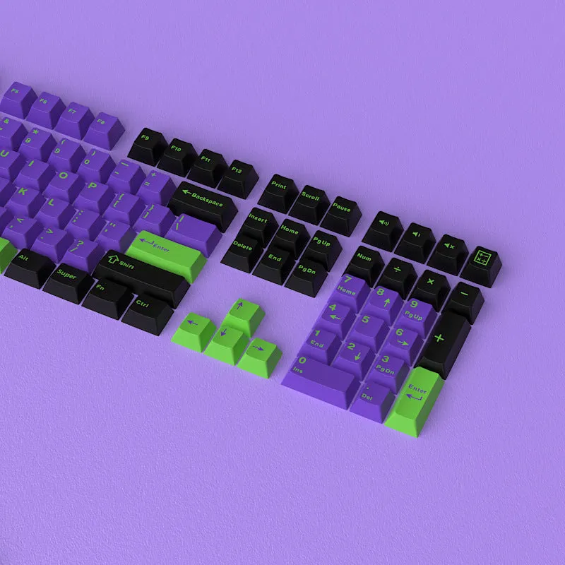 126 piece two-colour engraved plastic key cap set in black and purple for mechanical keyboards