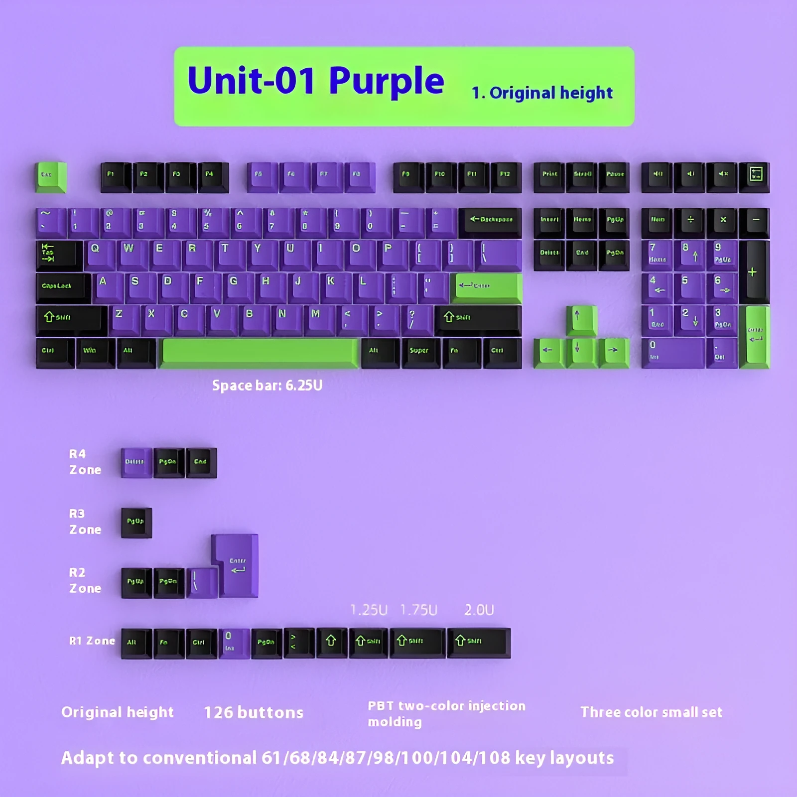 126 piece two-colour engraved plastic key cap set in black and purple for mechanical keyboards