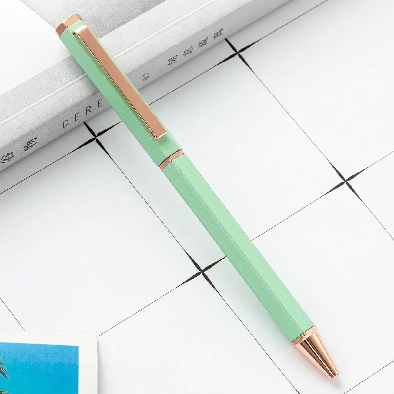 Metal six-angle rod ballpoint pen with 1.0mm bullet tip in multiple colour options