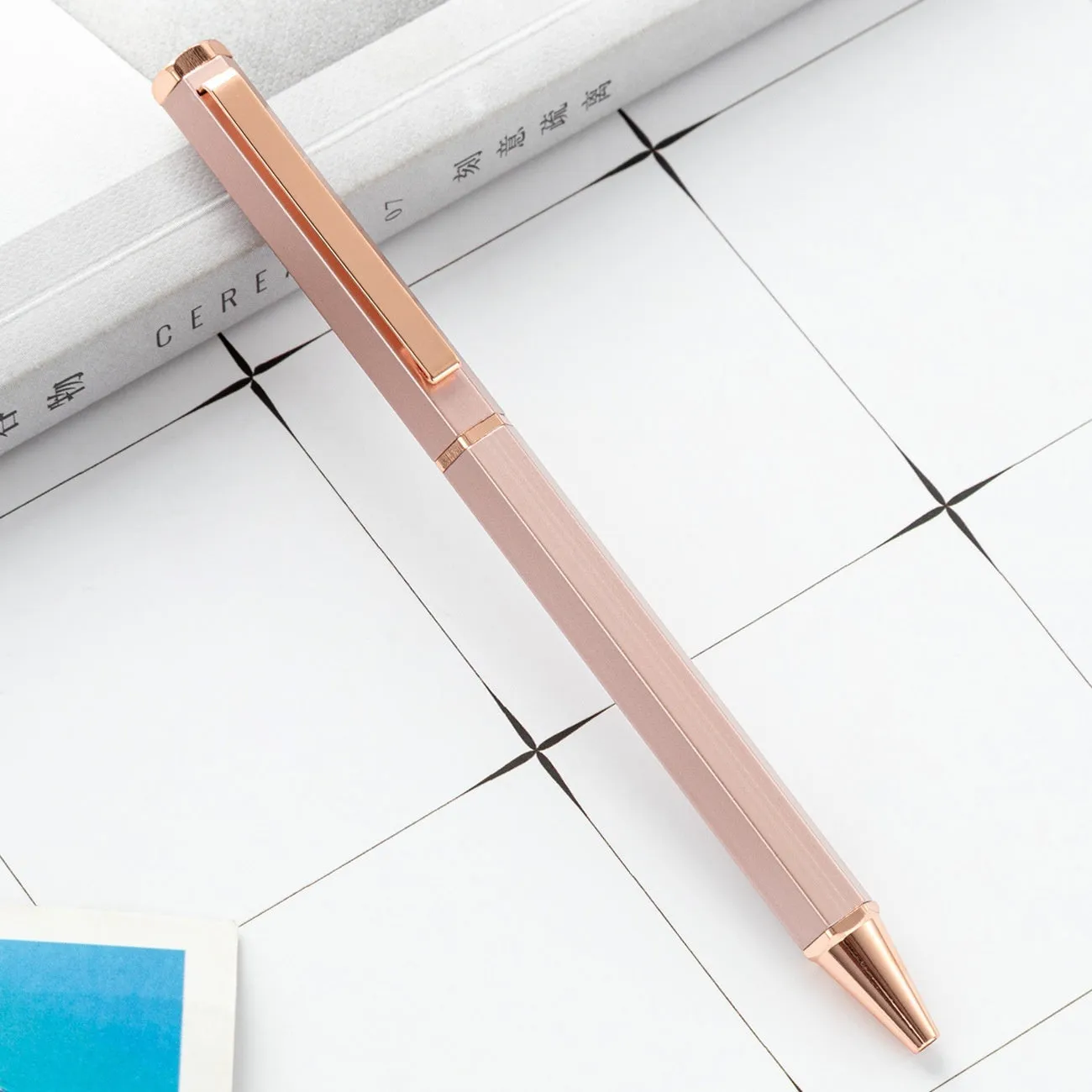 Metal six-angle rod ballpoint pen with 1.0mm bullet tip in multiple colour options