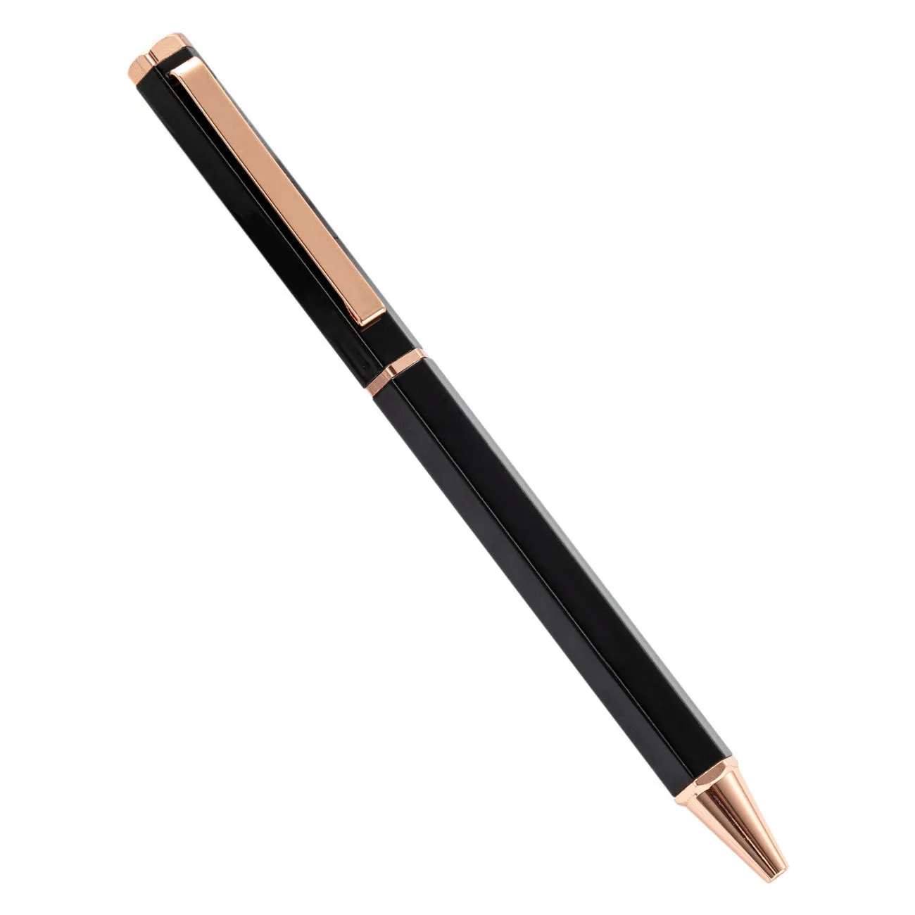 Metal six-angle rod ballpoint pen with 1.0mm bullet tip in multiple colour options