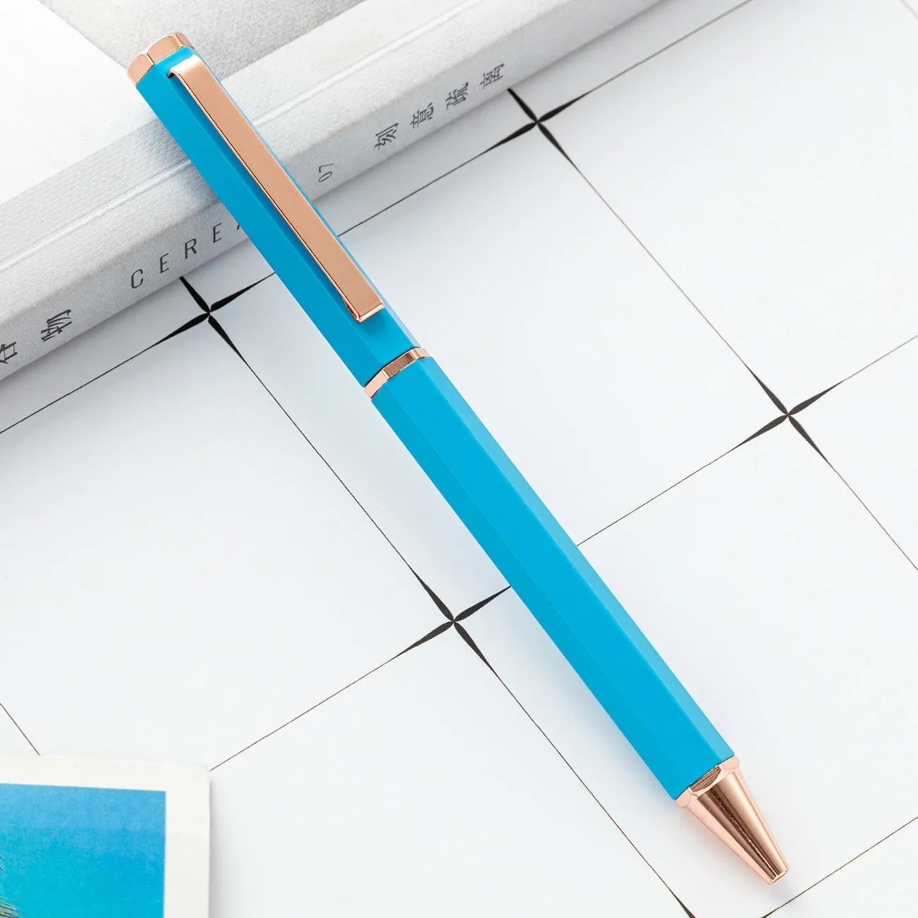 Metal six-angle rod ballpoint pen with 1.0mm bullet tip in multiple colour options