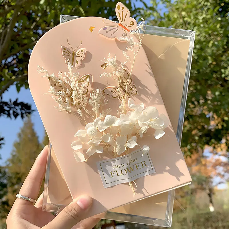 Handmade 3D butterfly birthday card with box, artificial flowers, and hot stamping details.
