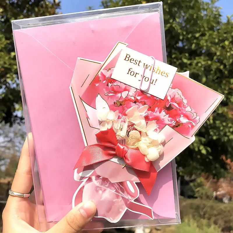 Handmade 3D butterfly birthday card with box, artificial flowers, and hot stamping details.