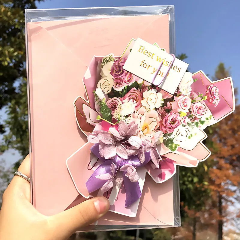 Handmade 3D butterfly birthday card with box, artificial flowers, and hot stamping details.