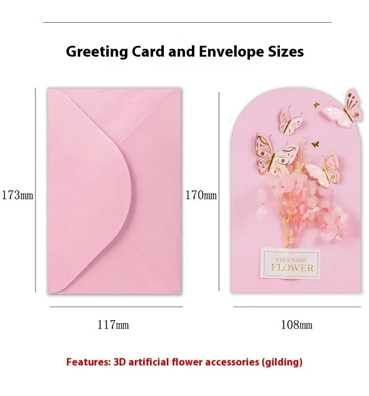 Handmade 3D butterfly birthday card with box, artificial flowers, and hot stamping details.