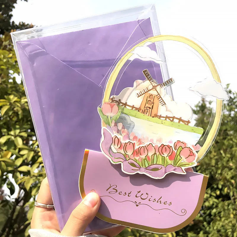 Handmade 3D butterfly birthday card with box, artificial flowers, and hot stamping details.