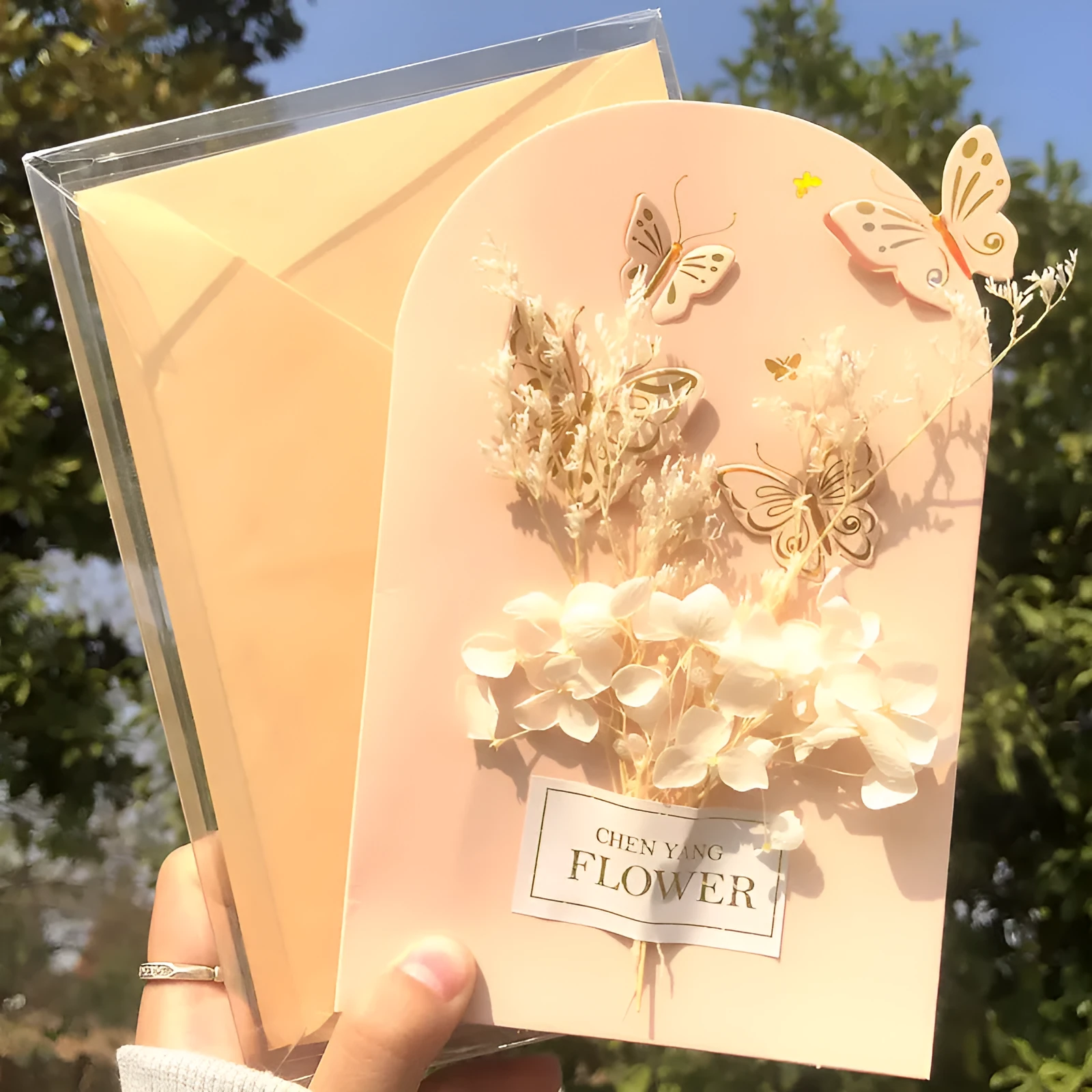 Handmade 3D butterfly birthday card with box, artificial flowers, and hot stamping details.