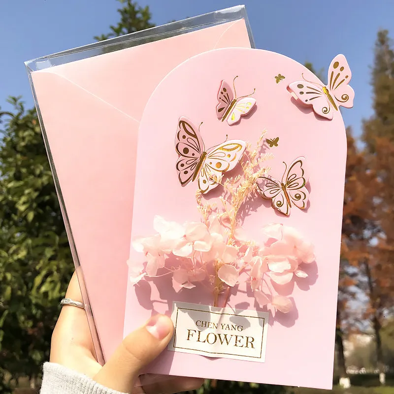 Handmade 3D butterfly birthday card with box, artificial flowers, and hot stamping details.