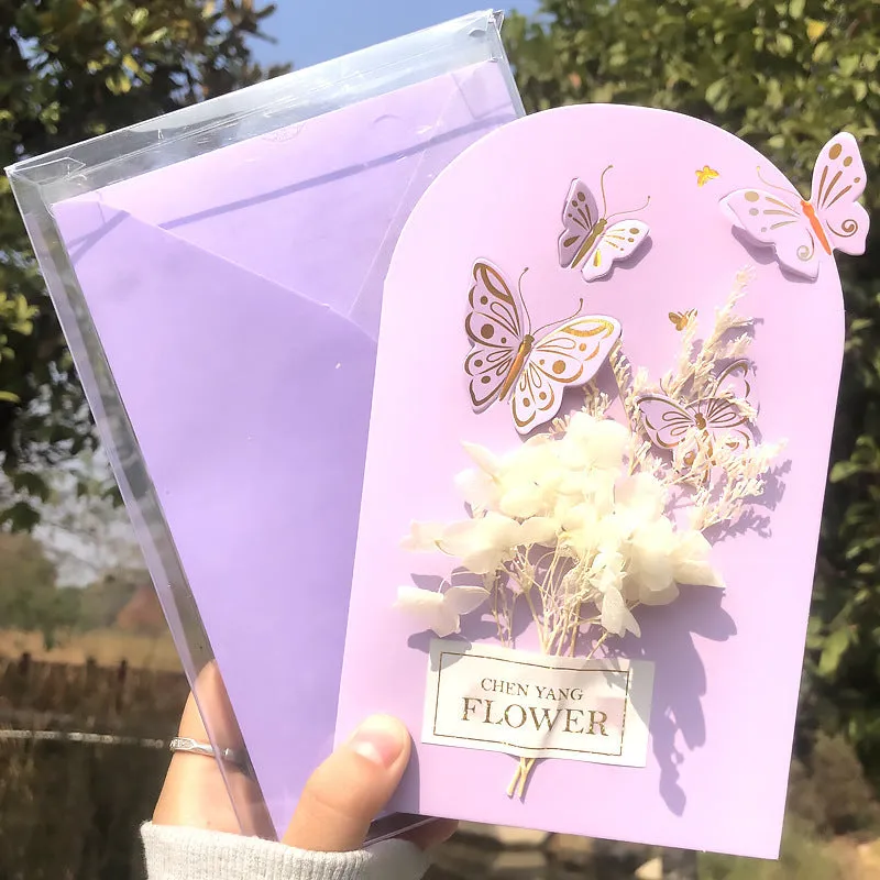 Handmade 3D butterfly birthday card with box, artificial flowers, and hot stamping details.