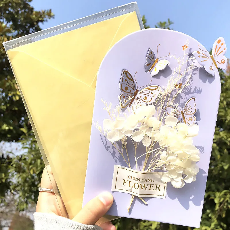 Handmade 3D butterfly birthday card with box, artificial flowers, and hot stamping details.