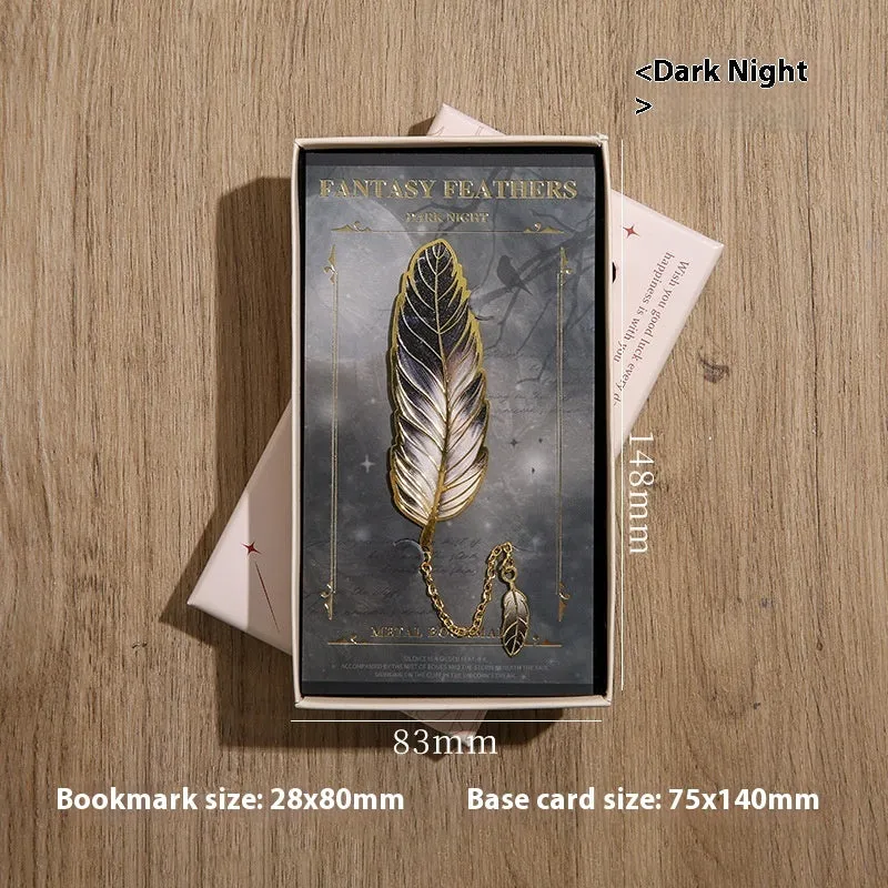Metal feather bookmark in classical Chinese style with available colours including Aurora, Dark Night, Mist, and Stars